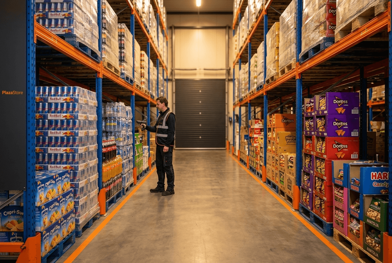 Plazastore groothandel-magazijn met stellingen, pallets en levering