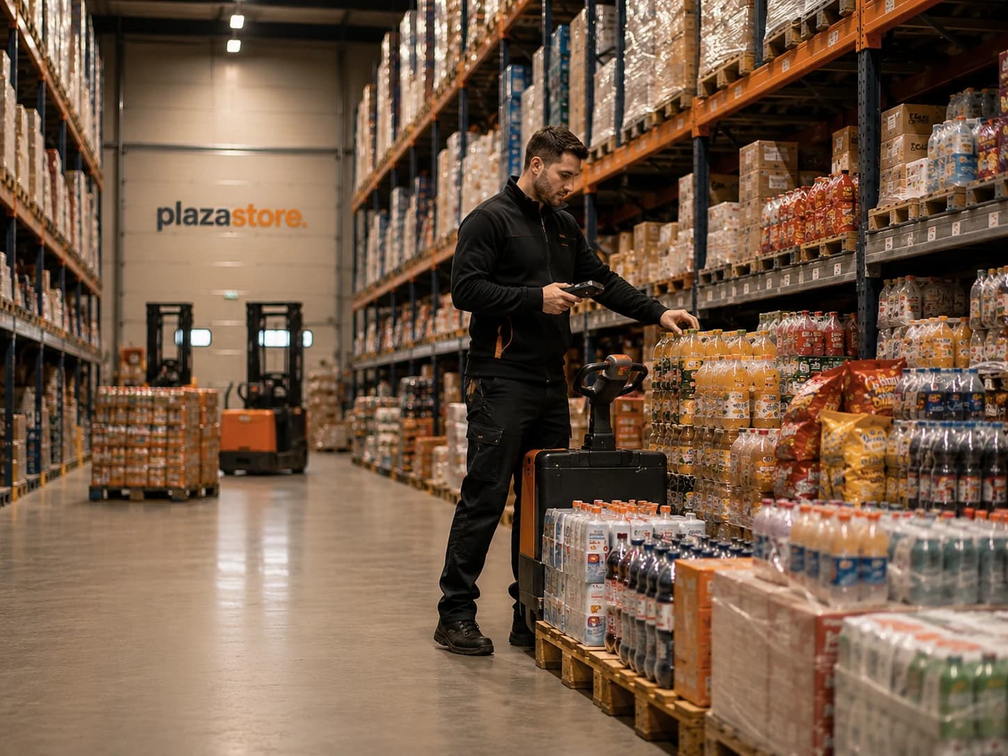 Plazastore groothandel-magazijn met stellingen, pallets en levering