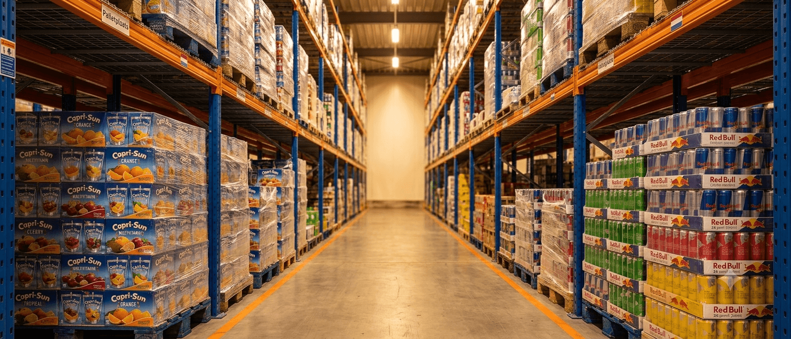 Plazastore magazijn met stellingen, pallets en zakelijke levering