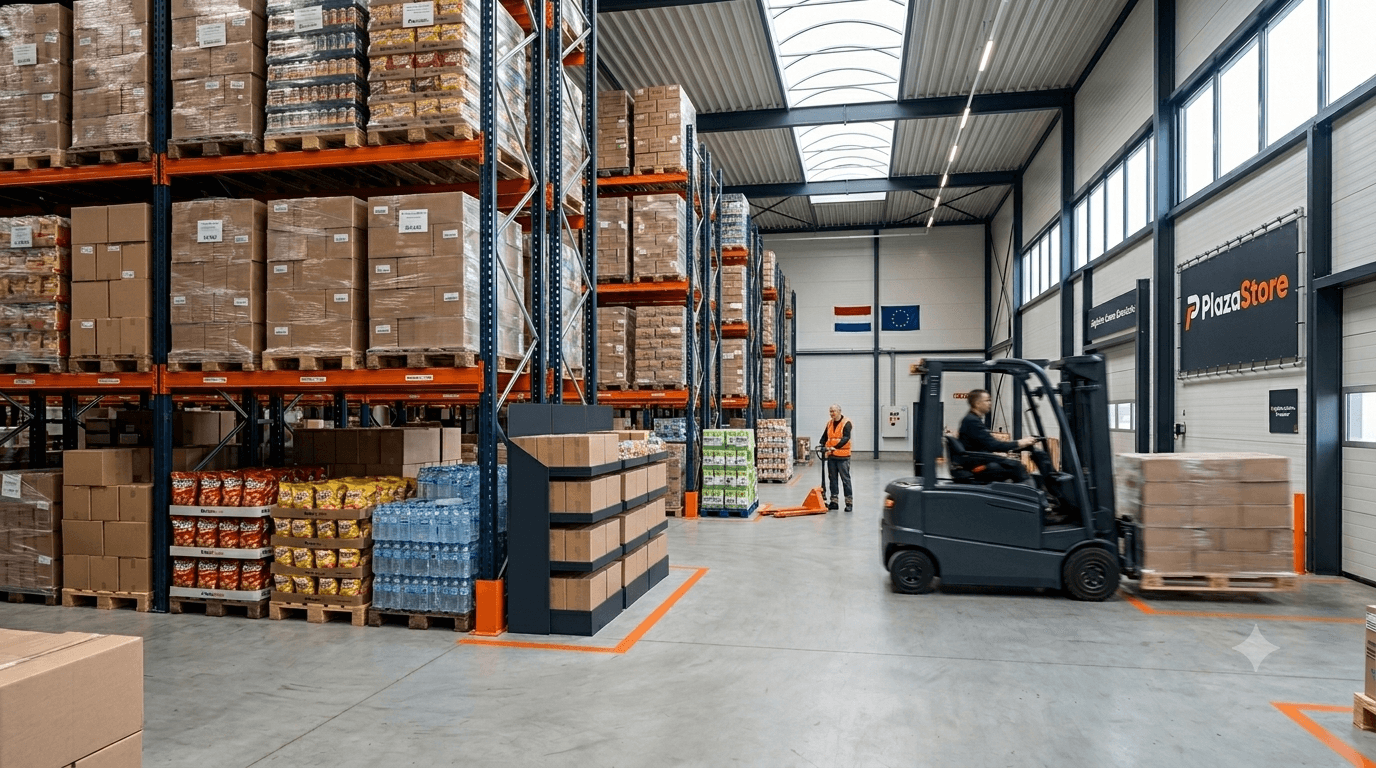 Plazastore groothandel-magazijn met stellingen, pallets en levering