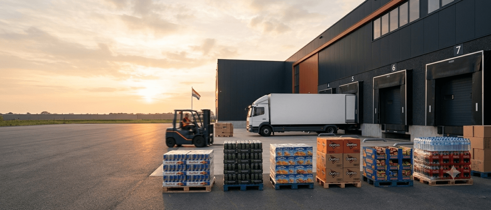 Plazastore groothandel-magazijn met stellingen, pallets en levering